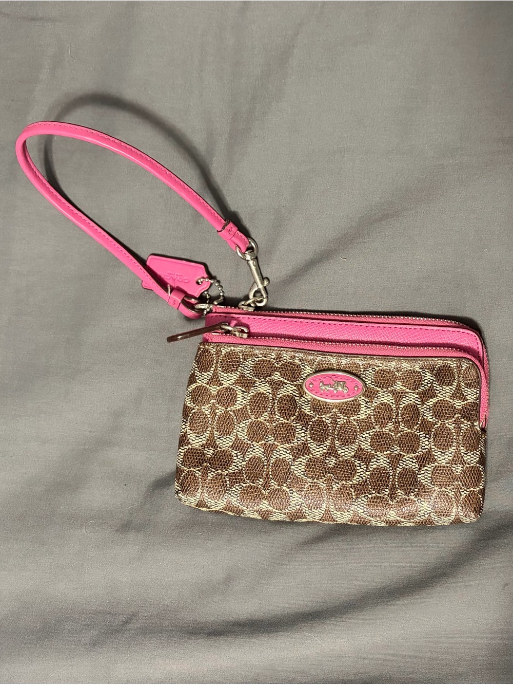 Coach Brown Signature Canvas Wristlet with Pink Trim
